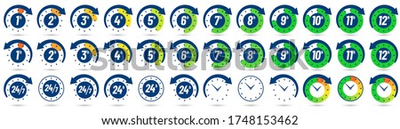 Color hours icon. Timer from 1 to 12 hours, time ago and next label dial with arrow. Clock, 24 7 and 24h available vector icons set. Illustration timer hour, clock watch time deadline