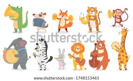 Animals play music. Cute animal playing music instruments, monkey plays trumpet and crocodile with saxophone vector illustration set. Cartoon animal play music, design drum instrument