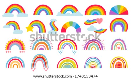 Cartoon rainbow. Colourful rainbows, heart and cloud with rainbow colors tail. Hand drawn color arc vector illustration set. Cartoon rainbow doodle, graphic colorful collection Foto d'archivio © 