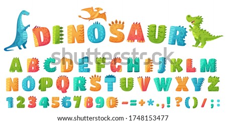 Cartoon dino font. Dinosaur alphabet letters and numbers, funny dinos letter signs for nursery or kindergarten kids vector illustration set. Alphabet dinosaur, abc kids letter typography
