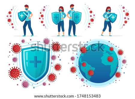 Protect from corona virus. People fight Covid-19, health shield vs virus and coronavirus around world globe vector illustration set. Covid-19 and virus protection, influenza dangerous