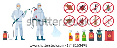Cartoon disinfector. Disinfectors characters in protective suits with poison spray bottle. Get rid of rats and insects vector illustration set. Pest control, insect, chemical poison equipment