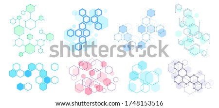Abstract hexagonal structure. Futuristic composition, geometric hexagon network structures and honeycomb vector illustration set. Hexagon pattern structure, design molecular dna, polygon honeycomb