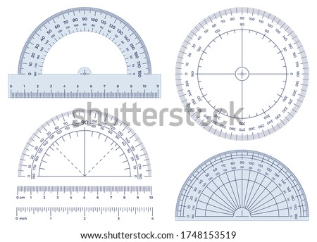 Protractor. Angles measuring tool, round 360 protractors scale and 180 degrees measure vector illustration set. Equipment protractor to angle measure, drafting chart