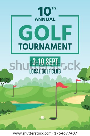 Golf poster. Green course, holes with flagsticks and sand traps, championship or tournament flyer, golf club event banner vector template. Outdoor summer spare time activity, hobby.