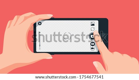 Taking photo with smartphone. Finger touching mobile phone screen to make picture. Pressing camera button, transparent background for photo. Person holding device vector illustration.
