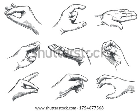 Engraved holding hand gesture. Keep in hands, vintage hand drawn gestures and hold in palm, demonstrate, show size, taking or grabbing sketch. Arm position isolated vector illustration set.
