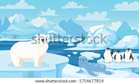Cartoon arctic landscape with animals. White bears, seal and penguins on drifting and melting glacier in ocean, snow mountains iceberg polar winter season cartoon vector illustration.