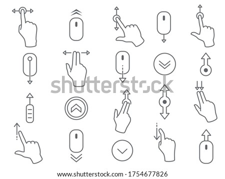 Line scroll gesture icons for user interface. Linear symbols as scrolling mouse, touchscreen gesture, back to top, scrolled down and page navigation for application or device vector illustration.