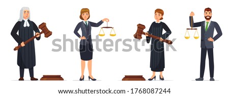 Judges and lawyers. Judge holding hammer and lawyer with scales of justice. Judicial workers, law cartoon vector illustration set. Legal verdict, woman and man with gavel. Court worker characters