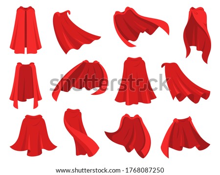Superhero red cape. Scarlet fabric silk cloak in different position, front back and side view. Mantle costume, magic cover cartoon vector set. Satin flowing and flying carnival vampire clothes