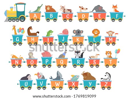 Alphabet train with animals. Cartoon animal illustration in van, education abc letter for children school vector