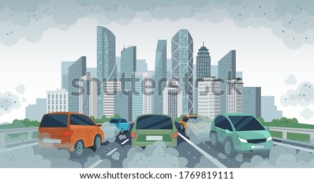 Cars air pollution. Polluted air environment at city, vehicle traffic and toxic pollution. Car with carbon dioxide clouds, vector concept. Pollution from vehicle, automobile transport illustration
