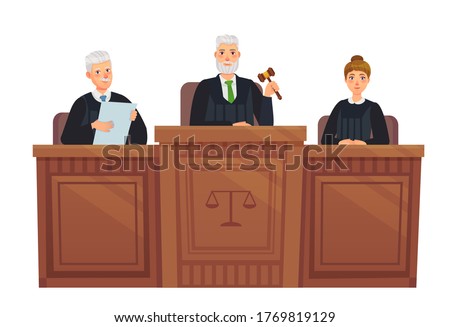 Supreme court tribune. Judges in session, judge holding hammer and justice cartoon vector illustration. Set judge, supreme judgement, judicial process Foto d'archivio © 