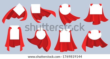 Red hero cape label. White empty badges with super hero, power man cloak. Cartoon vector mockup for kids product advertising. Super cloak hero for discount banner, child fashion mantle illustration Foto d'archivio © 