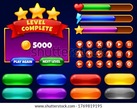 Game UI. Level complete menu with golden stars and buttons. Health bar, arrows and play button for mobile games interface vector illustration set. Ui menu, interface game level, loading level progress