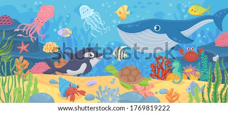 Underwater ocean life. Dolphin, exotic fishes and crab, squid. Bottom seaweeds, sea turtle and marine reef animals. Cartoon vector seascape with reef and sea animal tropical illustration