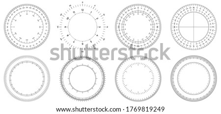 Round measuring circles. 360 degrees scale circle with lines, circular dial and scales meter vector set. Illustration circle degree, meter circular 360, measurement time or angle