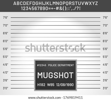 Mugshot template. Police lineup mugshot board with plastic alphabet and signs for criminals photo vector illustration. Criminal height wall, suspect and danger