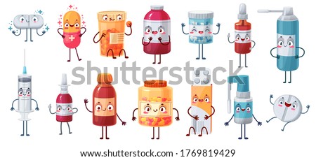Cartoon medicine mascot. Cute happy pills characters kill bacteria and virus. Capsules, tablets in blister, pill and painkiller vector drugs. Character mascot medicine cure hands and legs illustration
