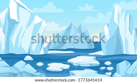 Cartoon arctic landscape. Icebergs, blue pure water glacier and icy cliff snow mountains. Greenland polar nature panoramic vector background. Winter scene with hills and melting ice