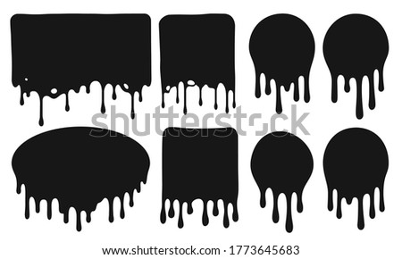 Black dripping frames. Flowing dark fluid or liquid with paint drops. Oil drops leaking from frames of different shape as circle, square, rectangle and ellipse. Pouring ink vector illustration