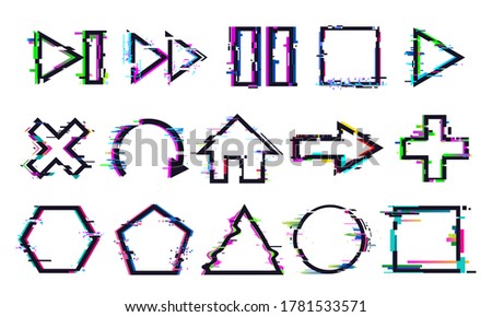 Glitch buttons. Music and game control icons with distorted effect. Play, stop or pause and rewind, refresh symbols with digital noise. Geometric shapes frames or borders vector illustration
