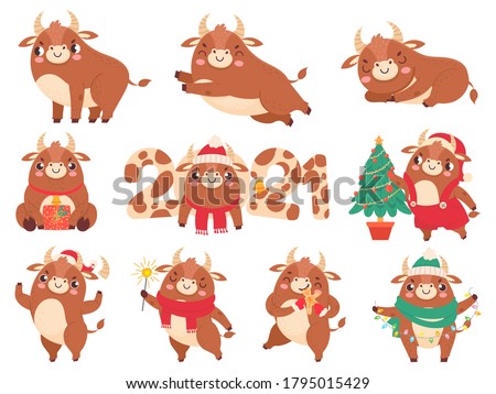 Cute ox. Color bulls chinese new year 2021 symbol, animals with horns, cows and buffalo family calendar or cards, cartoon vector set. Animal bull 2021, cow chinese year, oriental cattle illustration