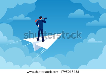 Business vision. Businessman on paper plane with telescope looking new idea. Future strategy, leader and success job, flat vector concept. Businessman vision, leadership plane motivation illustration