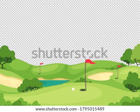 Golf background. Green golf course with hole and red flags for invitation card, poster and banner, play tournament vector template. Golf flag on green grass, competition and leisure illustration