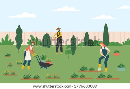 People gardening, woman and man farmers agricultural workers growing plants and flowers on lawn or backyard. Character pulling wheelbarrow with pots, man working with scissors vector illustration