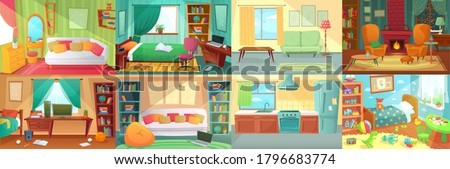 Room interior. Bedroom, living room, kitchen, kids bedroom with furniture. Teenage room with bed, table and computer. Kid or child room with toys and pictures. Fireplace with cozy chairs vector.