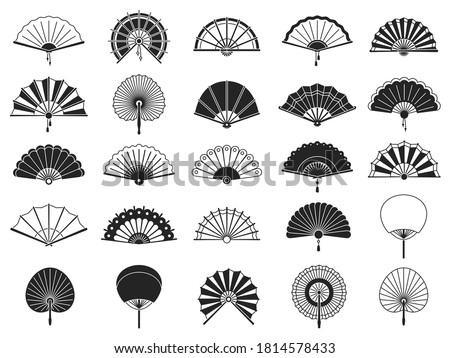 Handheld fan. Black silhouettes of chinese, japanese paper folding hand fans, traditional asian decoration and souvenir vector isolated set. Chinese fan black silhouette illustration, asian souvenir