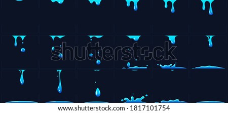 Dripping water animation, water splashes for game development. Dropping liquid in frames for cartoon. Blue fluid droplets, falling clear aqua elements forming puddles collection vector illustration 商業照片 © 