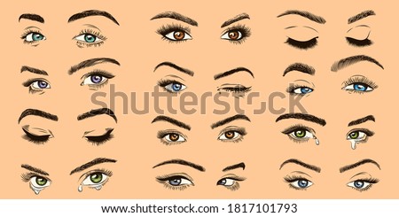 Female eyes. Open, closed and crying colored women eyes with luxurious lashes, perfect eyelash, girl makeup isolated vector collection. Winking lady. Models for advertisement design