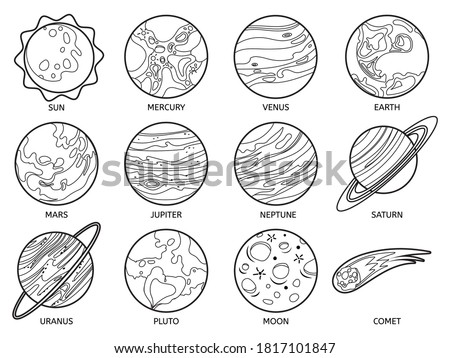 Planets for color book. Solar system earth, sun and neptune, jupiter and pluto, venus and mars, saturn and moon, uranus and comet vector set. Outer space outline for children games