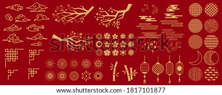 Asia elements. Chinese festive decor gold floral patterns and ornament, lanterns, clouds and moon, flowers sakura branch oriental vector set. Japanese decoration symbols as bamboo and branches