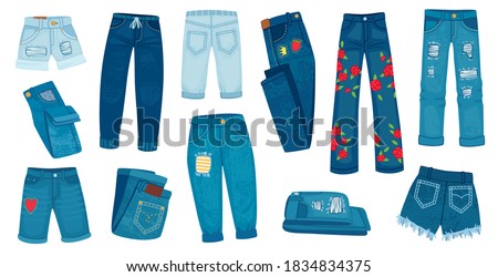 Denim jean pants. Trendy fashion female jeans. Cartoon ripped shorts and trousers with patches and texture. Casual style clothes vector set. Denim pants fashion, casual trousers garment illustration Foto stock © 