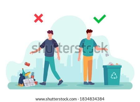 Littering behavior. Infographic of correct and wrong examples of throwing out garbage. Illustration of man disposing trash in container. Recycle rubbish, recycling environment littering