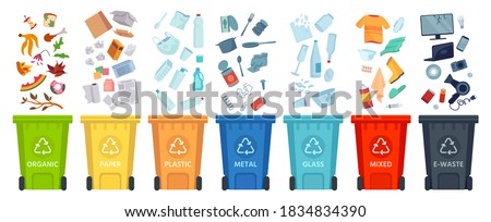 Waste segregation. Sorting garbage by material and type in colored trash cans. Separating and recycling garbage vector infographic. Garbage and trash, ecology rubbish recycling illustration