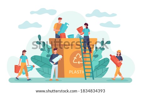 Waste recycle. Eco-friendly people throw out trash in recycling bin. Ecology lifestyle, plastic garbage and zero waste vector. Illustration waste garbage, trash recycling, recycle rubbish and sorting