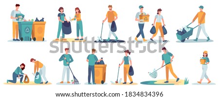People clean up garbage. Volunteers gathering trash recycle. Characters cleaning environment litter. Waste collectors vector set. People collect trash and rubbish, cleaning environmental illustration