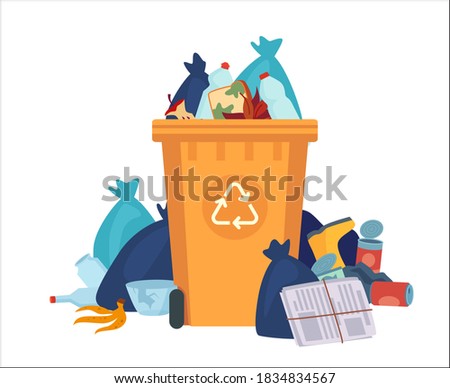Full garbage bin. Overflowing recycling container with plastic bags and litter. Vector recycle can with pile of plastic waste. Street dump pollution, bin container pile, trashcan basket illustration