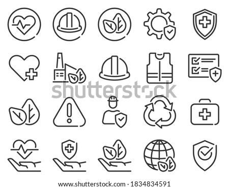 Health safety environment. Occupational security preventive, medical insurance, air pollution protection warning hazard, vector set. Illustration safety environment, industry protection and security
