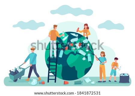 Earth cleaning. People clean world from garbage. Save planet ecology concept. Environmental protection from pollution vector illustration. Save planet and world, people clean environment earth