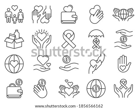 Charity and donation icon. Hands donating money and hearts. Community support icons. Family adopt, food help, aids, love and care vector set. Illustration charity donation, heart and hand support