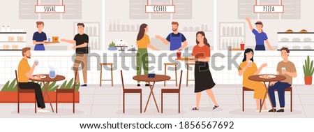 People in food court. Adult men and women eat lunch in cafe or restaurant interior with table. Sushi, coffee and pizza place vector concept. Illustration sushi and pizza, in food court place
