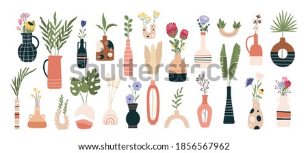Floral vases. Blooming spring flowers, tropical leaves and herbs in jugs and teapots. Flat sunflowers, aster and protea flower vector set. Illustration vase with flower to decoration interior