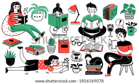 Books and readers. Happy people read and study. Book piles, houseplants, cat, tea and coffee cup. Hand drawn cartoon hobby decorative set. Young person read book with tea and cat illustration