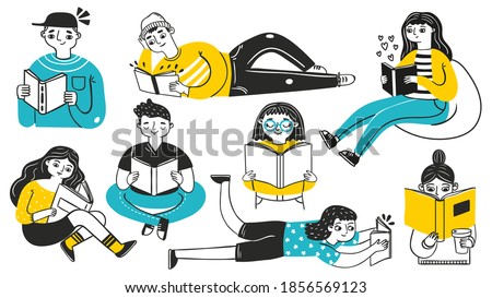 People reading books. Young women and men in cozy poses enjoying hobby. Hand drawn students learning. Cartoon sketch book readers vector set. Woman person with book, literature reading illustration